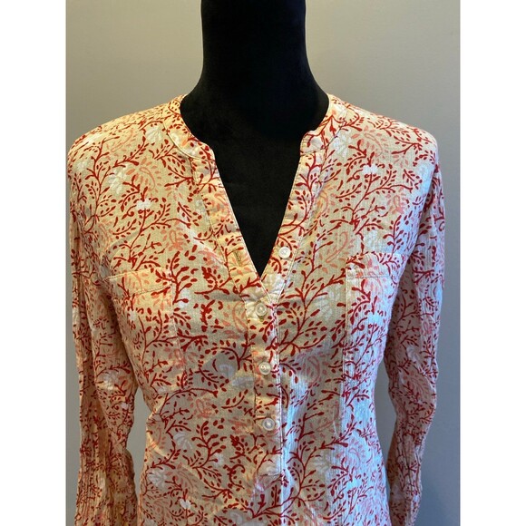 Old Navy Blouse Size Medium Top Orange Red Long Sleeve V Neck Textured Cotton - Picture 2 of 11